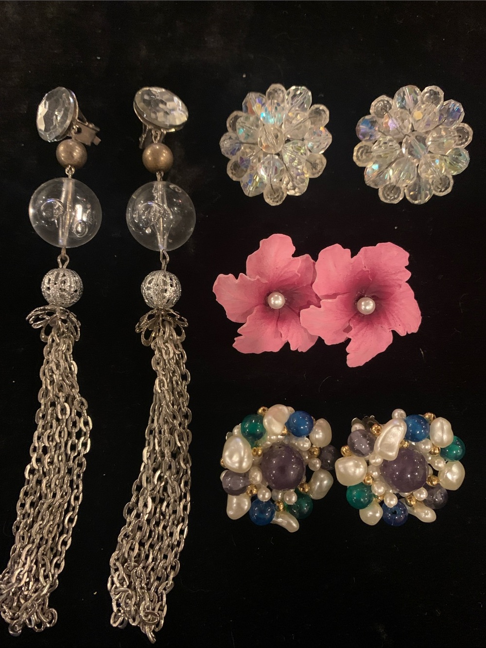 Assorted Women's Clip Earrings Pink Floral, Clear Crystal, Pearl & Tassel